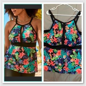 Swimsuits For All Floral Black Tropical Tankini Swimsuit Bathing Top Plus Sz 26